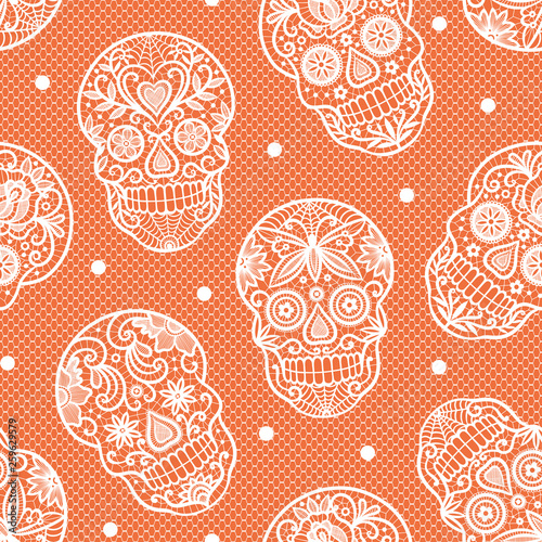 Seamless vector pattern with lace sugar skulls on orange background.  