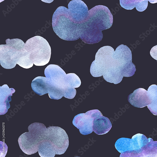 Nice watercolor clouds seamless on dark background. Baby boy wallpaper background. Blue abstract background.