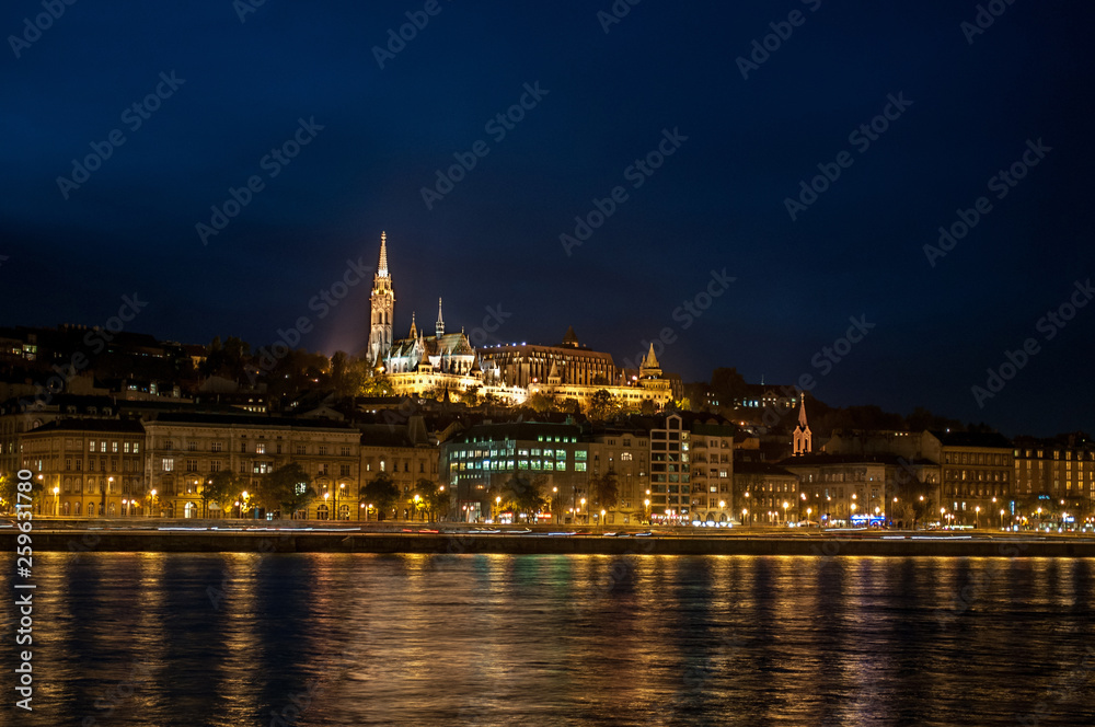 Evening view of Danube river, castle in Budapest
