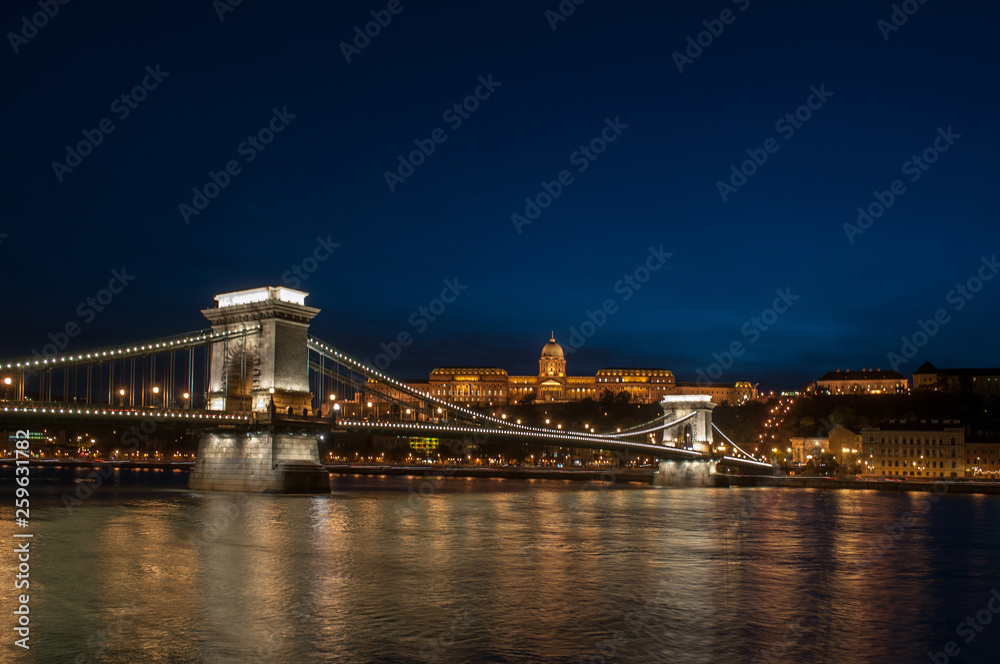 Evening view of the Danube River and Chain Bridge in Budapest