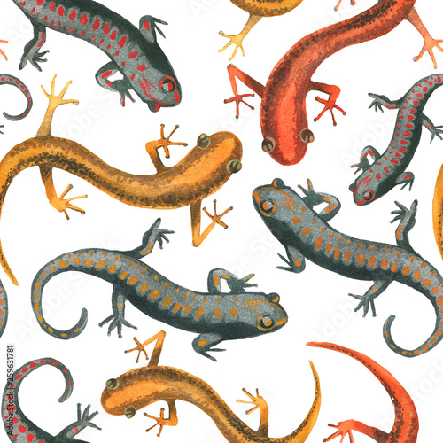 Lizard reptile seamless pattern illustration on white. Red,yellow and black lizard pattern. Fashion abstract animal pattern. photo