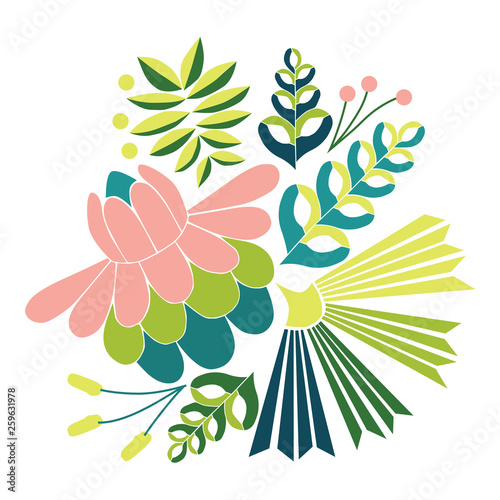 Embroidery seamless vector illustration with beautiful tropical flowers. Bright vector folk floral ornament on white background. Embroidery for fashion textile and fabric, placement print.