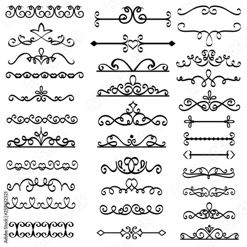 Decorative swirls dividers. Old text delimiter, calligraphic swirl border ornaments and vintage divider vector set
