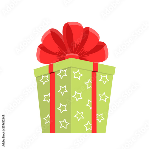 Cartoon green gift box. Christmas present, gifting box and xmas present winter holidays or birthday party gift sign. Secret boxing with surprises, greeting giftbox decor vector isolated icon