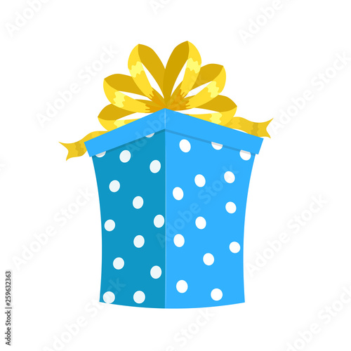 Cartoon blue gift box. Christmas present, gifting box and xmas present winter holidays or birthday party gift sign. Secret boxing with surprises, greeting giftbox decor vector isolated icon