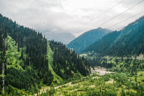 View of the cable car in the mountains. Not far from Almaty, Kazakhstan