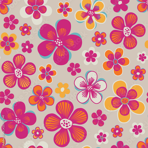 Seamless vector pattern with abstract hand painted bright doodle flowers background. Surface pattern design.