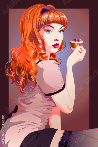 Vector pin-up girl with lush red hair