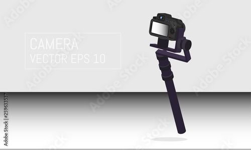 Realistic professional camera with button and display and Professional Photo Video Motorized Gimbals. Isometric style. Vector illustration.