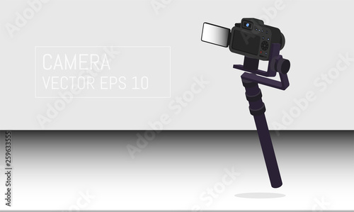 Realistic professional camera with button and display and Professional Photo Video Motorized Gimbals. Isometric style. Vector illustration.