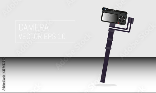 Realistic professional camera with button and display and Professional Photo Video Motorized Gimbals. Vector illustration.