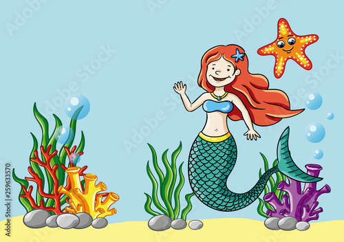Vector illustration of young mermaid in the sea