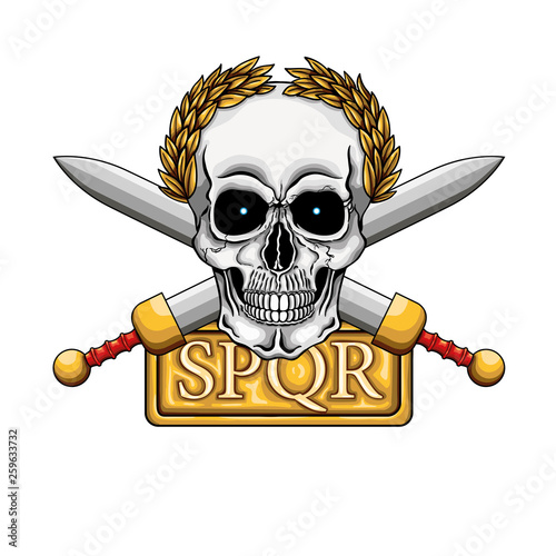 Vector illustration of human skull with golden laurel crown, two roman swords and board with word SPQR