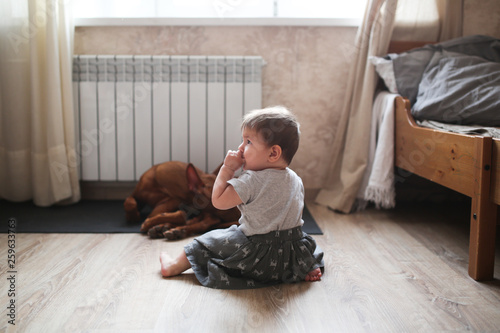 baby is alone with dog at home, sitting on floor photo