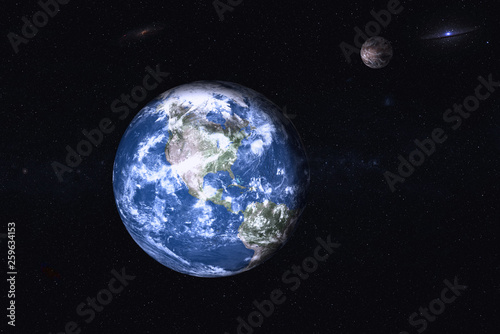 Planet Earth with Mars of solar system in the space with far galaxy on the background. Blue planet. Science fiction. Elements of this image were furnished by NASA