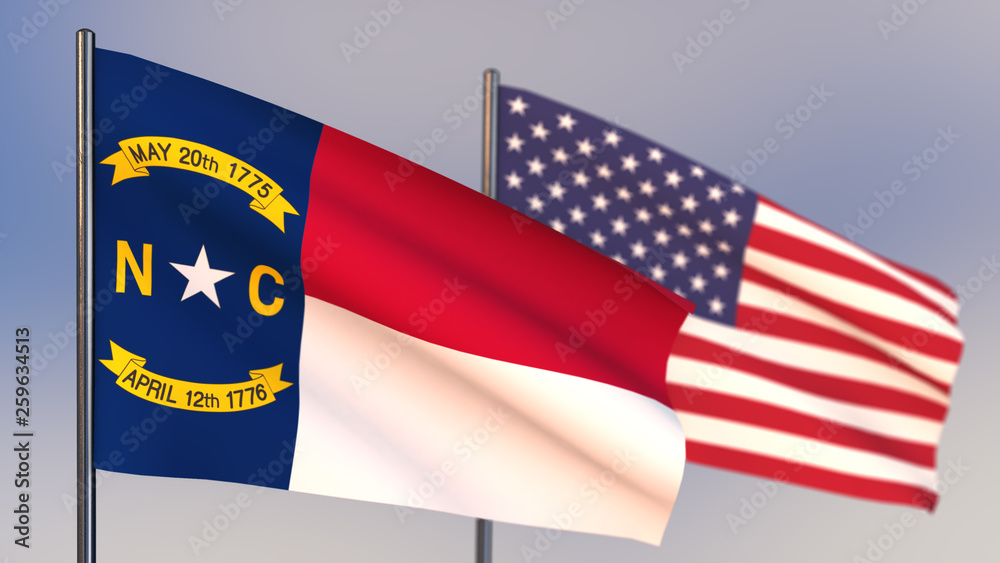 North Carolina 3D flag waving in wind. North Carolina 3D flag waving in wind.