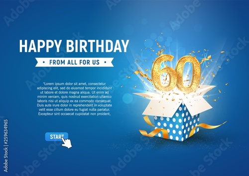 60 th years anniversary banner with open burst gift box. Template sixtieth birthday celebration and abstract text on blue background vector illustration