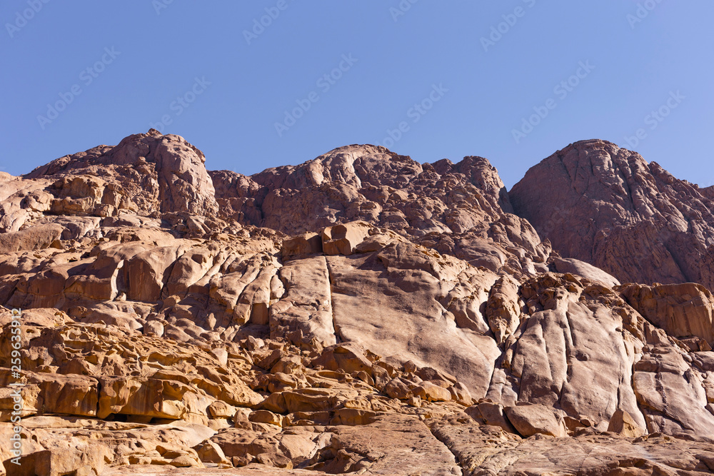 Egypt. Mount Sinai in the morning at sunrise. (Mount Horeb, Gabal Musa, Moses Mount). Pilgrimage place and famous touristic destination.