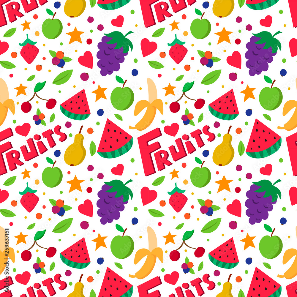 Seamless pattern Fruits. Healthy eating concept food. Banana, pear, watermelon, apple.