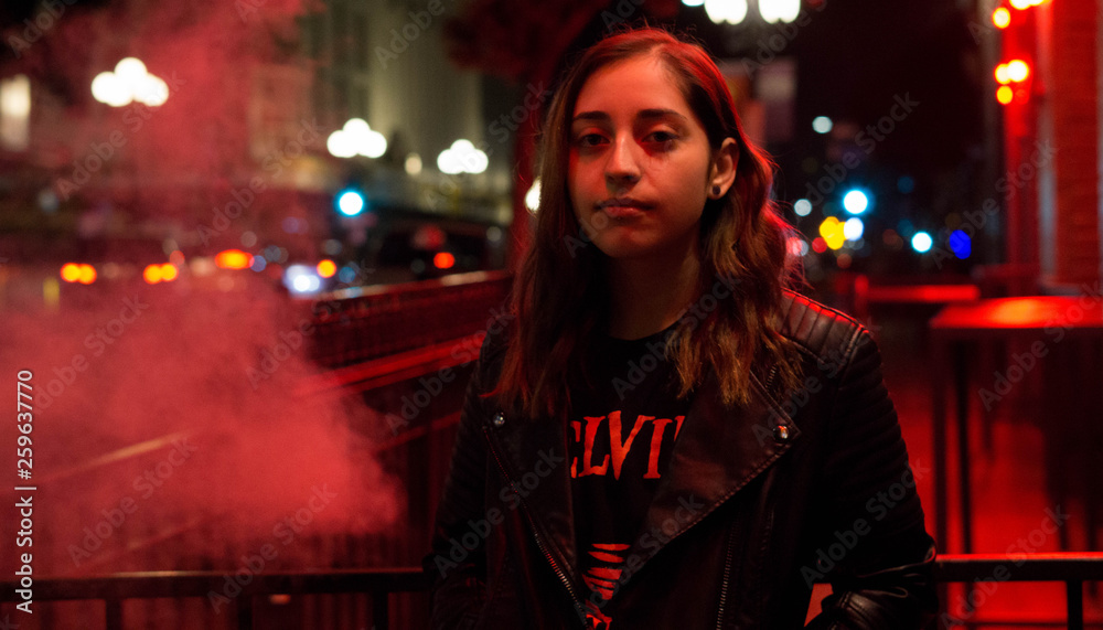 portrait of woman in the city red smoke portrait of woman in the city red smoke