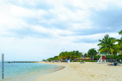 Idyllic tropical island Caribbean summer vacation. Coconut palm trees, beach scene.
