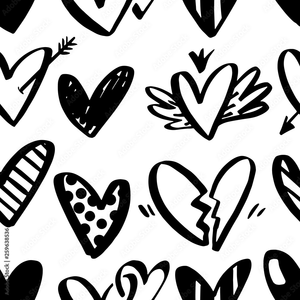 Vector seamless pattern with hand drawn hearts isolated on white background. Heart symbol by hand. Various style hand drawn heart shapes as repeatable design Vector seamless pattern with hand drawn hearts isolated on white background. Heart symbol by hand. Various style hand drawn heart shapes as repeatable design