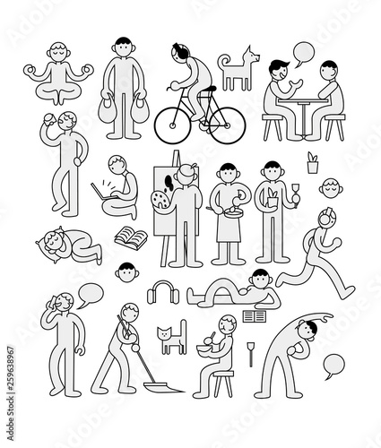 Men doing various everyday things flat icons