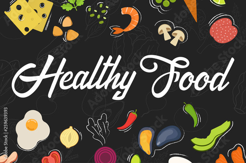 Healthy food product label. Flat style frame with vegetables.