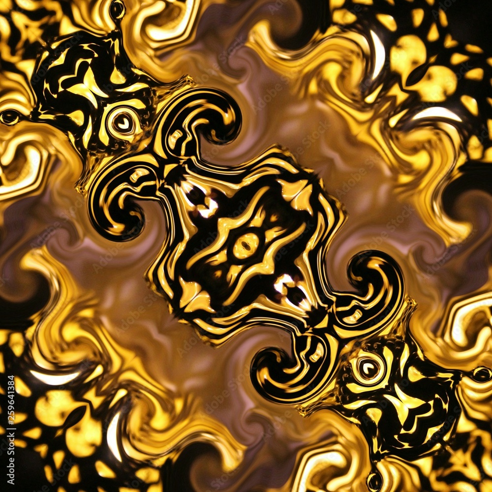 Gold art. Abstract design pattern in rich royal style. Golden color background. Liquid effect graphic artwork. 