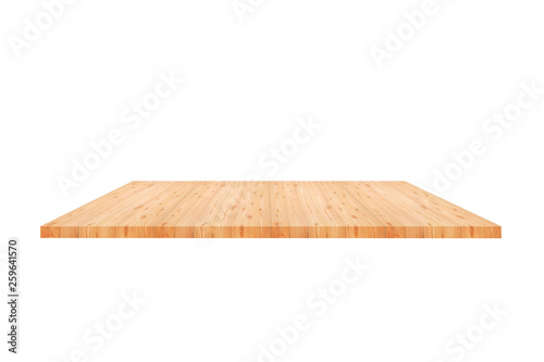 Perspective empty wooden counter with white background. Including clipping path for product display montage or design layout.