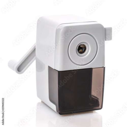 Gray black mechanical sharpener isolated on a white background photo