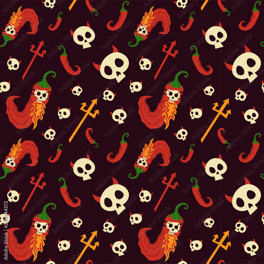 Seamless pattern red hot chili pepper skull. Perfect for textile.