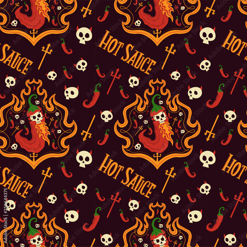 Seamless pattern background with red hot chili pepper skull. Perfect for wallpapers, web page backgrounds, surface textures, textile.