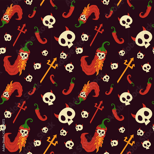 Seamless pattern red hot chili pepper skull. Perfect for textile.