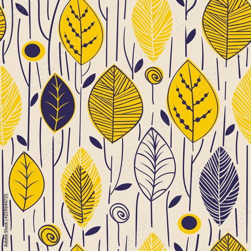 Vector seamless pattern with hand drawn leaves. Trendy scandinavian design concept for fashion textile print. Nature illustration