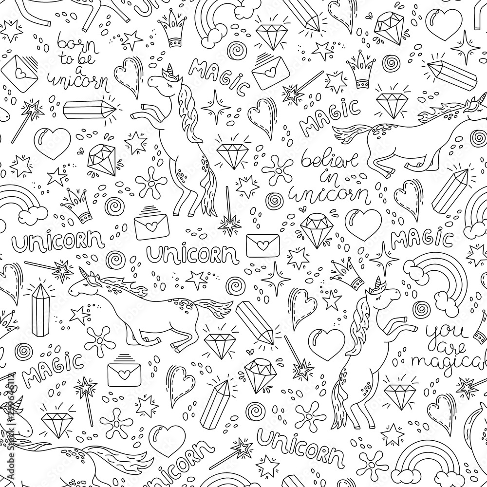 Fényképezés Black and white hand-drawn seamless pattern with unicorns