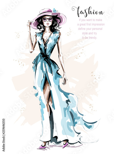 Hand drawn beautiful young woman in hat. Stylish girl in dress. Fashion woman look. Sketch. Vector illustration.