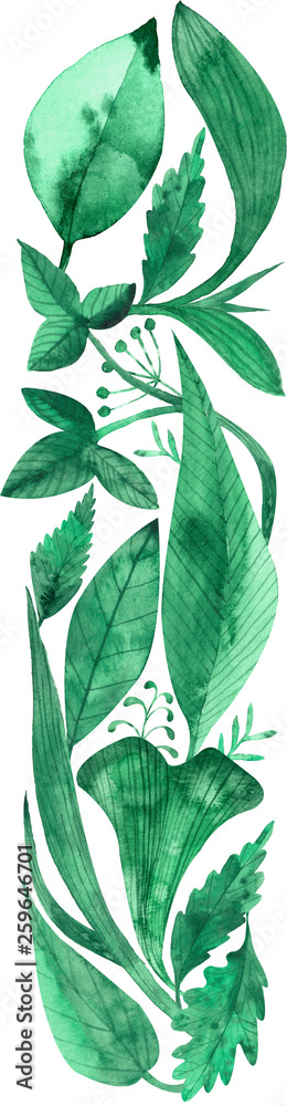 Watercolor illustration of letter I made of green leaves isolated on white background. Alphabet. Watercolor illustration of letter I made of green leaves isolated on white background. Alphabet.