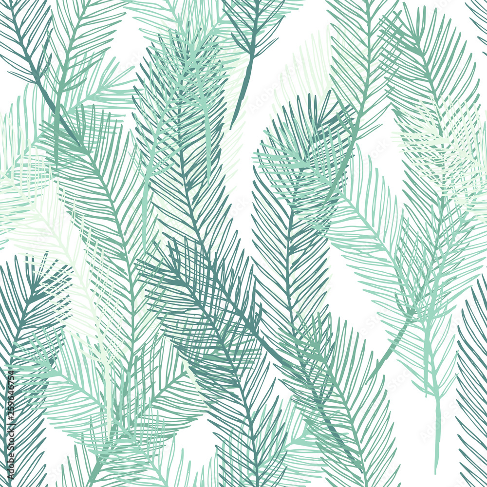 Simple elegant pattern of hand drawn palm leaves. Green tropical branches on white background. Seamless vector pattern.