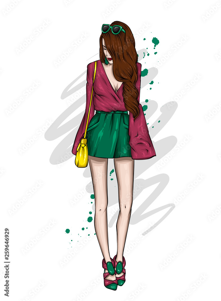 A tall slender girl in short shorts, and t-shirt. Beautiful model in stylish clothes. Vector illustration for a postcard or a poster, print for clothes. A tall slender girl in short shorts, and t-shirt. Beautiful model in stylish clothes. Vector illustration for a postcard or a poster, print for clothes.
