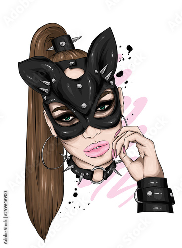 Beautiful girl in leather mask. Sex and BDSM, love. Underwear. Vector illustration for greeting card or poster, print for t-shirt. Fashion & Style.