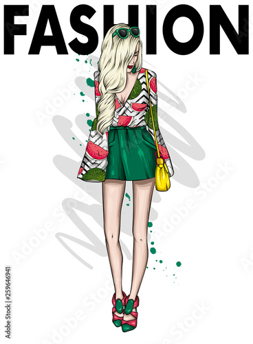 A tall slender girl in short shorts, and t-shirt. Beautiful model in stylish clothes. Vector illustration for a postcard or a poster, print for clothes.