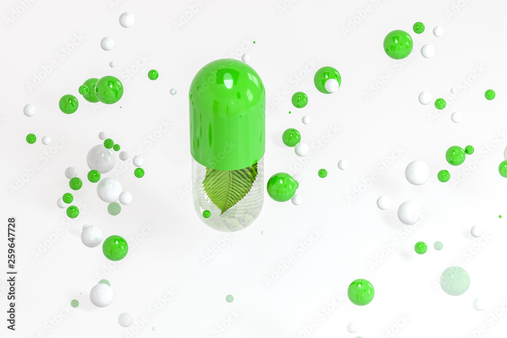 3d rendering, green capsule with leaf in it 3d rendering, green capsule with leaf in it