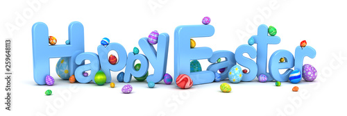 Happy Easter text surrounded by colorful Easter eggs isolated on white