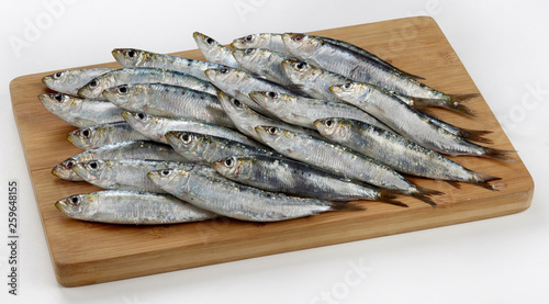 Fresh raw sardines on wooden cutting board