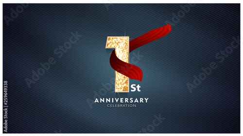 1st Anniversary celebration - Golden numbers with red fabric background	