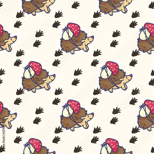 Cute hedgehog and pawprint cartoon seamless vector pattern. Hand drawn forest footprint tile. All over print for nature blog, mushroom graphic, wildlife home decor.