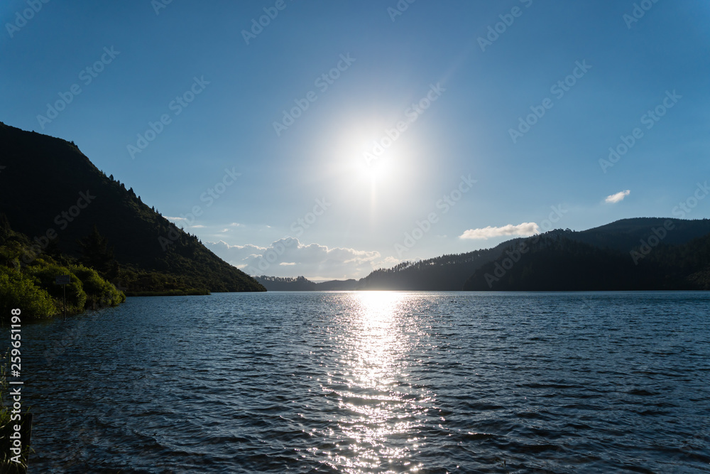 Bright Sun at Lake Rotokakahi, near Rotorua in New Zealand