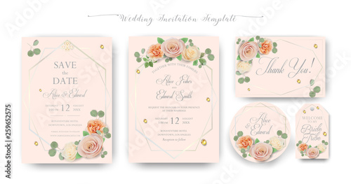 Floral Wedding Invitation elegant invite  thank you  rsvp  Save the Date  Bridal Shower card trendy Design garden flower pink peach Rose green Eucalyptus leaf greenery bouquet gold geometric frame