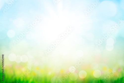 abstract background with green grass and flowers over sunny blue sky